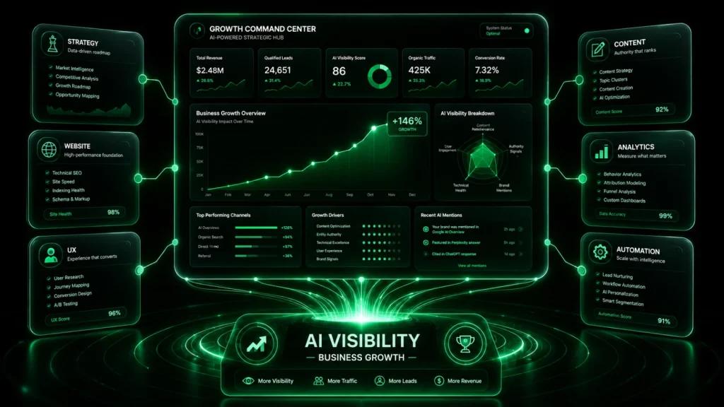 Digital growth system connecting SEO, content, analytics, UX and AI visibility