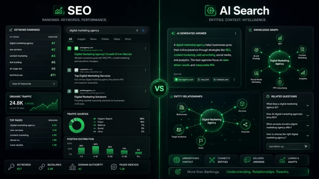 Classic SEO ranking cards transforming into GEO and AI Search structure